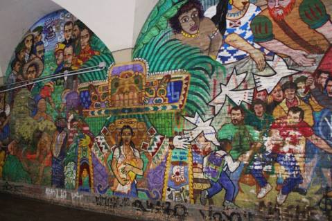 A well done mural with Latin American themes.